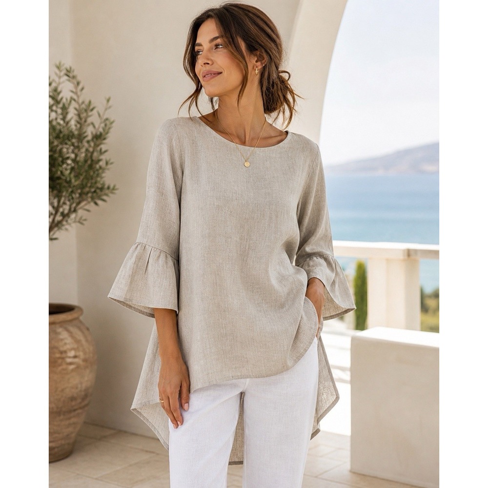 NWT Crown Linen Designs 100% Linen Tunic Top XS Sleeve Boho Coastal Beige Sandy